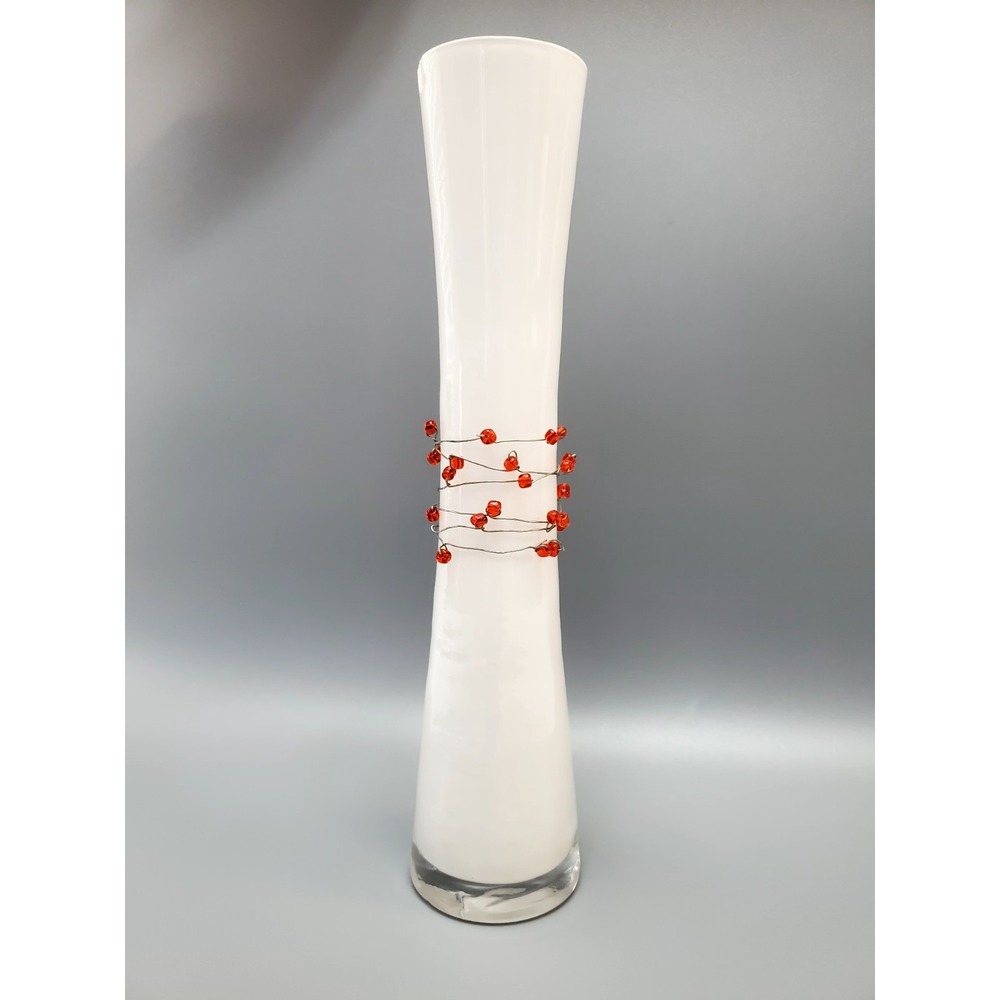 Vintage 8" H White CASED GLASS Red Beads SILVER WIRE WRAPPED VASE